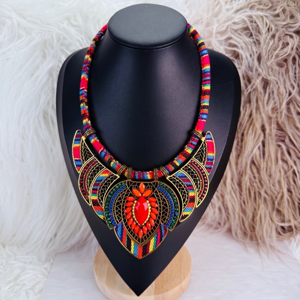 Colorful Boho Tribal Statement Bib Necklace Rainbow Textile Gold Tone